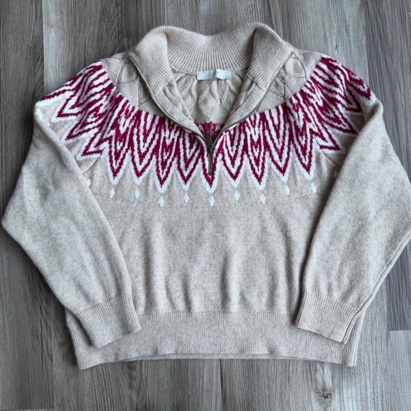 LOFT Sweaters - LOFT Cozy XL Fair Isle Quarter Zip Sweater Oatmeal Beige Burgundy Cable Knit
